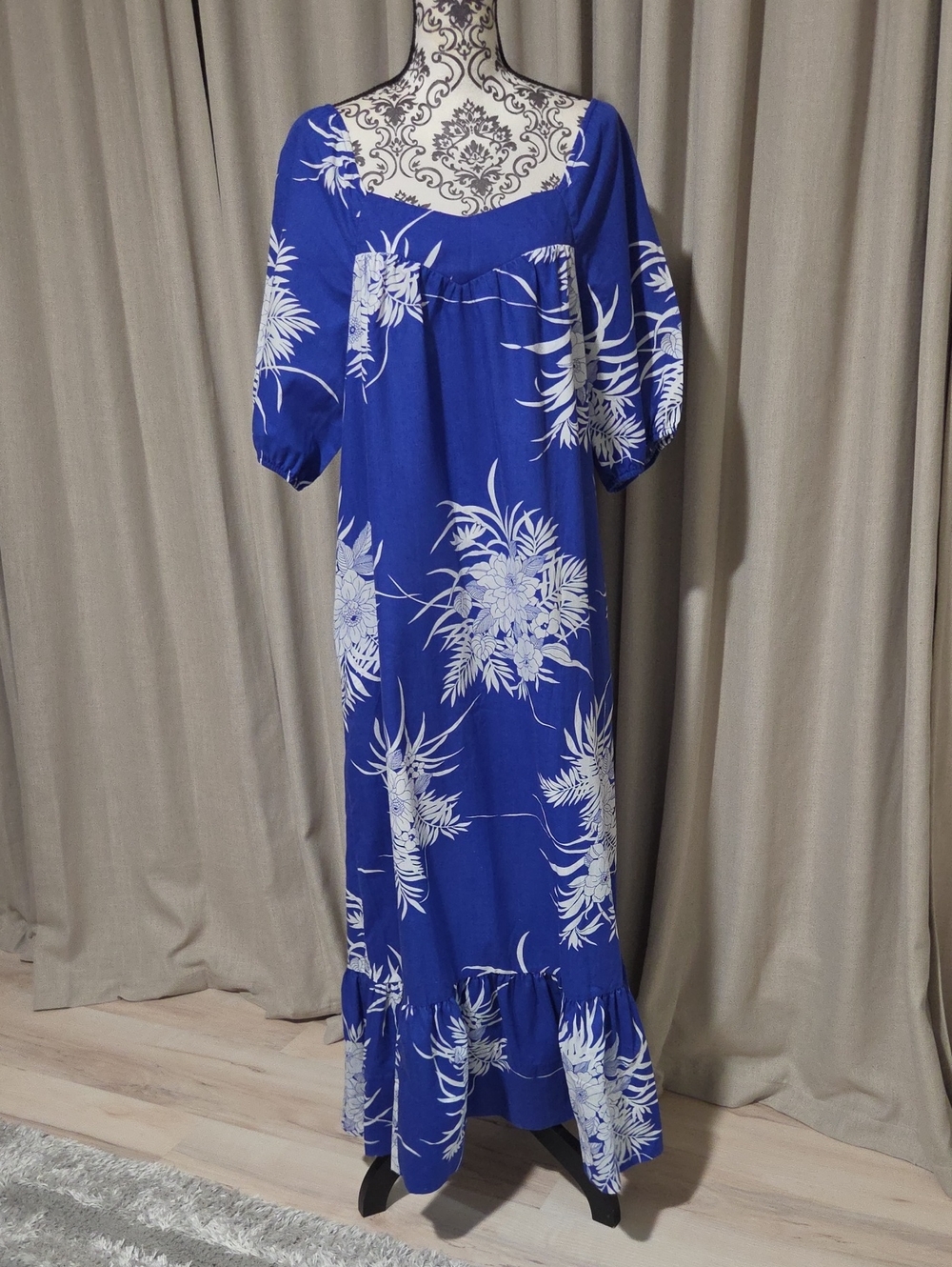 Vintage Hilo Hattie Royal Blue Maxi Dress with White Floral Print